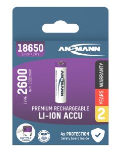 Li-Ion battery 18650 type 2600 (min. 2500 mAh) with USB type C charging socket